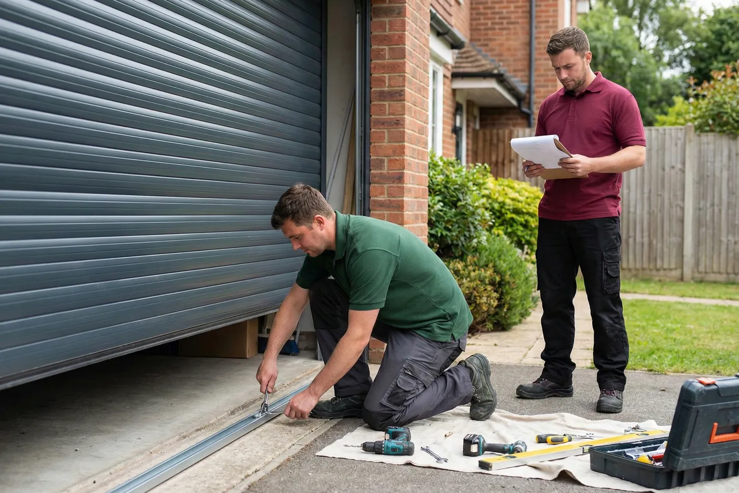 Two professional installers fitting a high-quality roller garage door on a residential home, which demonstrates expert workmanship and attention to detail.